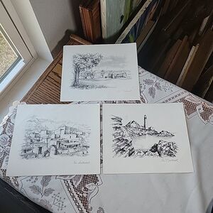 Vtg Art Sketches unframed R Adair 69' set of 3  The Midwest Southwest Northwest